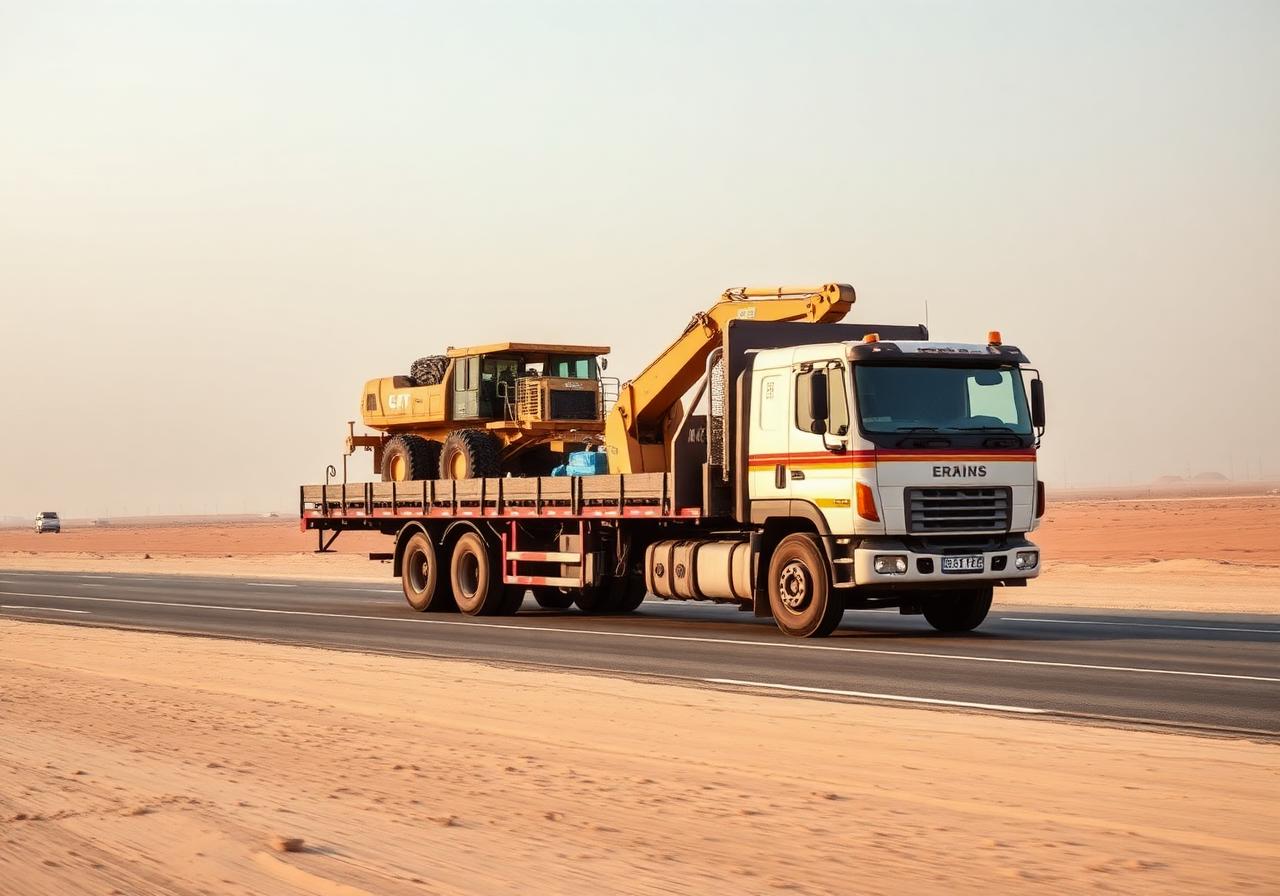 Heavy equipment transport service using a flatbed truck in Kuwait